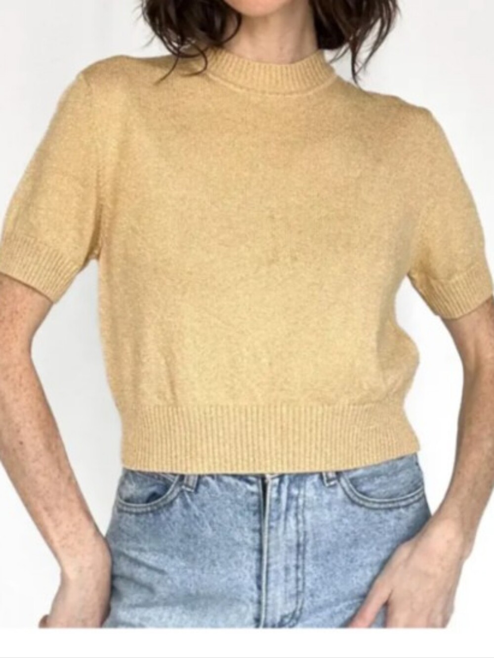 St. John Metallic Short Sleeve Mock Neck Sweater Top